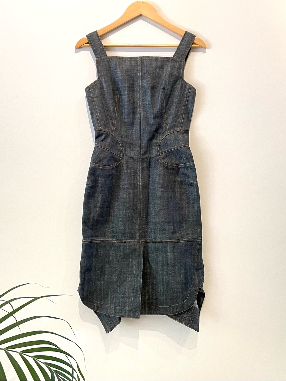 Azzedine Alaia Vintage Dark Indigo Denim Midi Dress with Square Neck